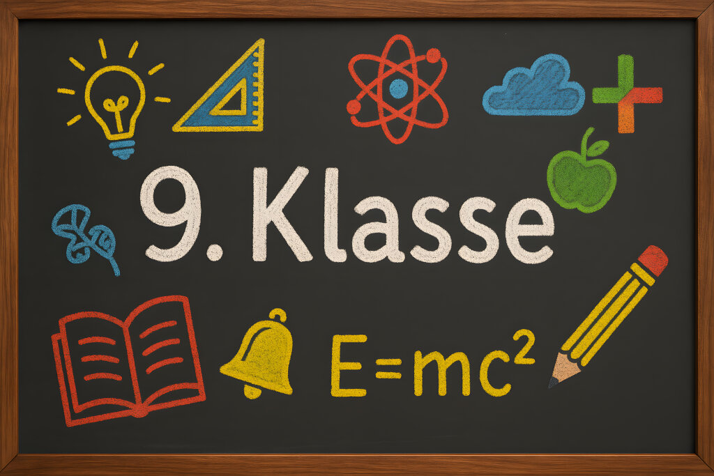 9. Klasse Schultafel mit bunten Lernsymbolen