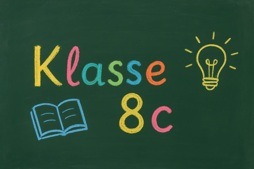 Klasse 8c Schultafel mit Buchsymbol und Glühbirne gezeichnet