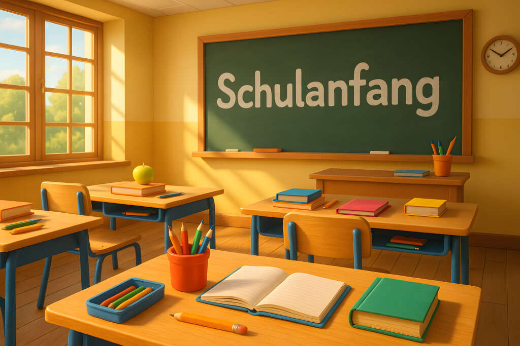 Schulanfang mit leeren Tischen und aufgeschlagenem Buch