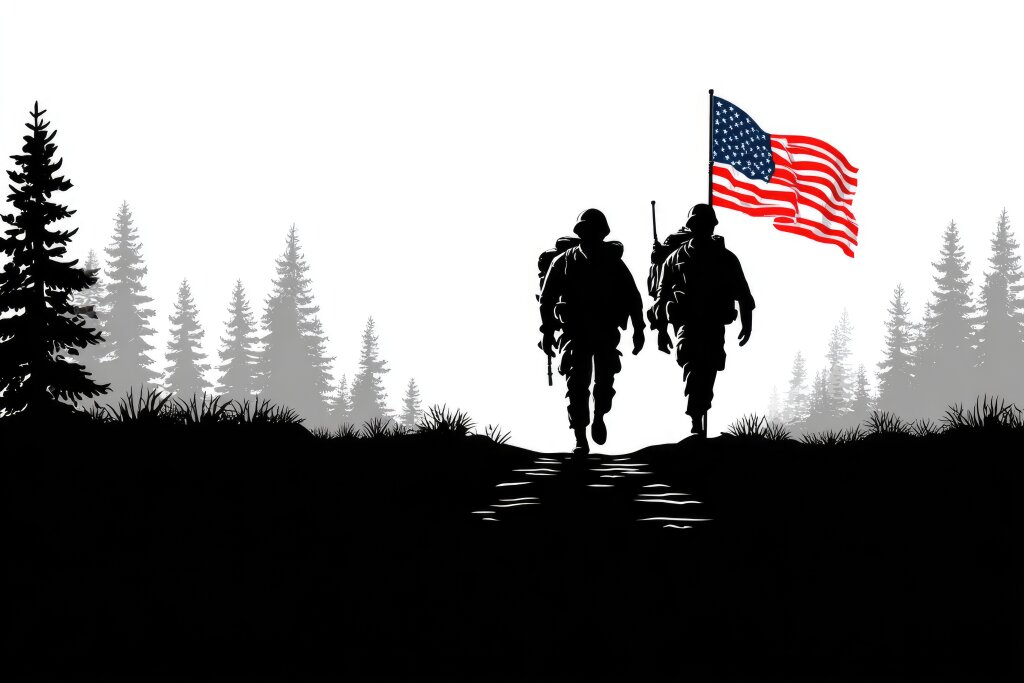 Soldaten mit US-Flagge in Silhouette im Wald