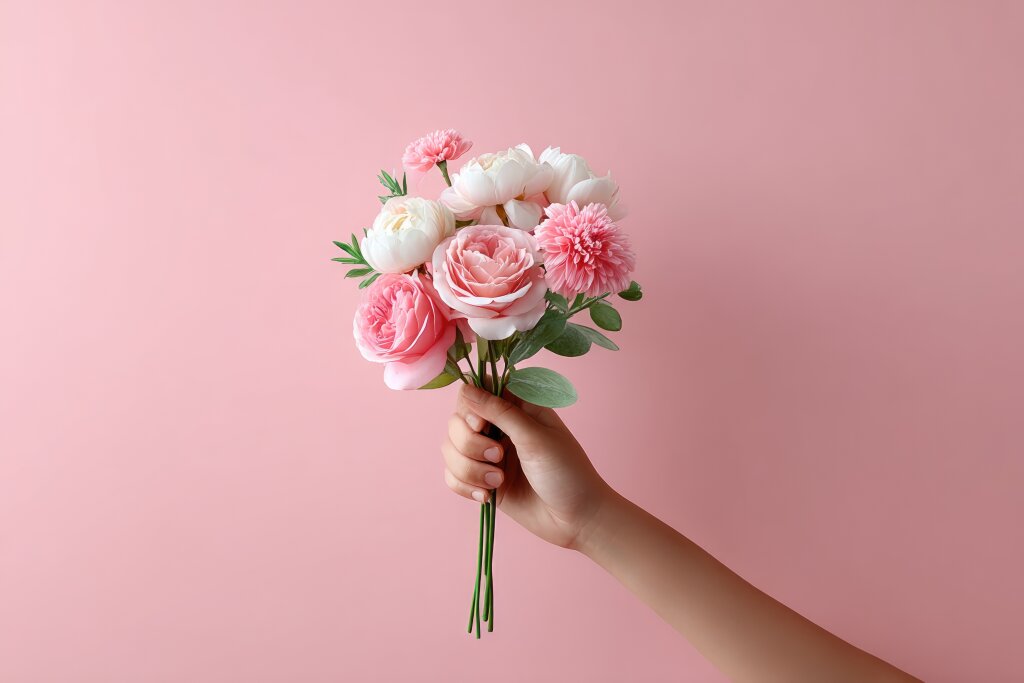 Zarter rosa Blumenstrauß in Hand vor rosa Hintergrund