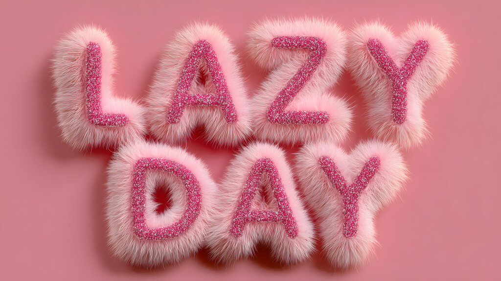 Schriftzug Lazy Day aus flauschigen rosa Buchstaben auf pinkem Hintergrund
