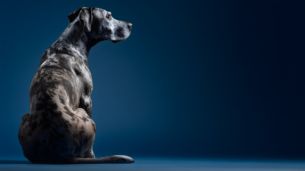 Rückansicht sitzender Hund im Studio mit Blick nach rechts