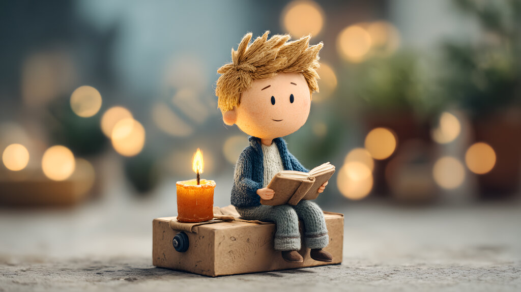 Cartoonkind mit Buch und Kerze bei Kerzenschein