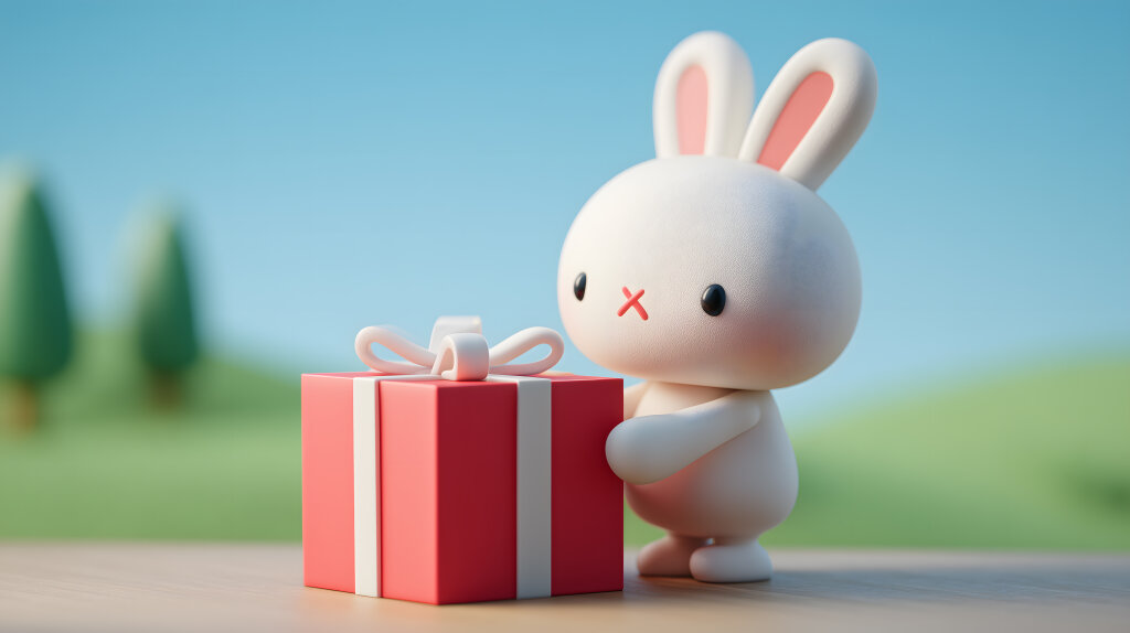 Geschenkbox neben dem Osterhasen in 3D