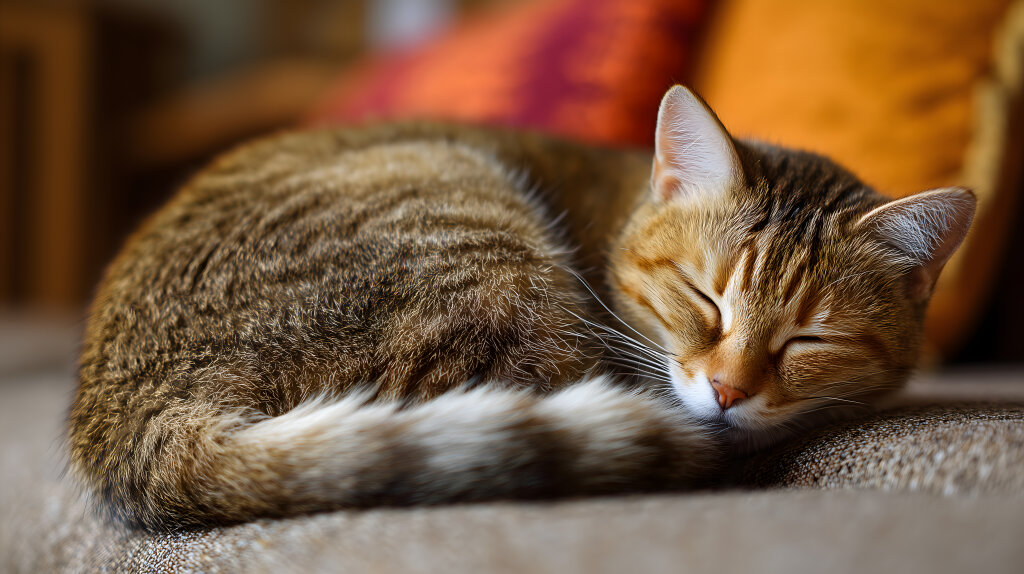 Schlafende Katze eingerollt auf Couch im gemütlichen Wohnzimmer