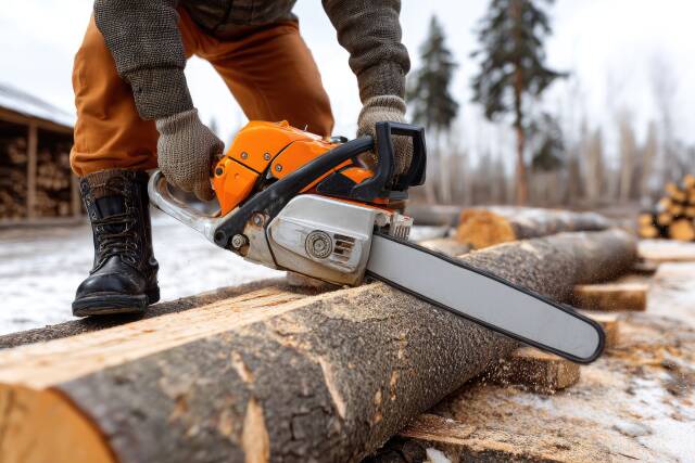 Mann beim Sägen von Holz mit einer Kettensäge
