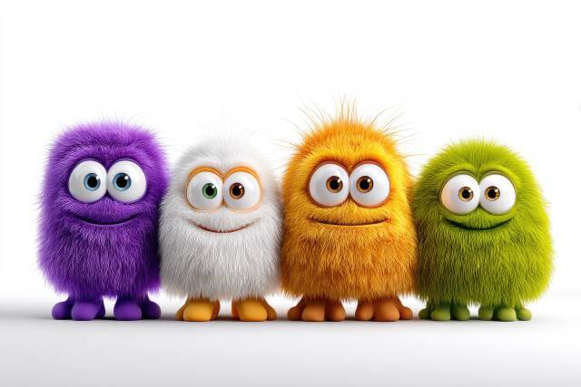 Bunte flauschige Monster in 3D