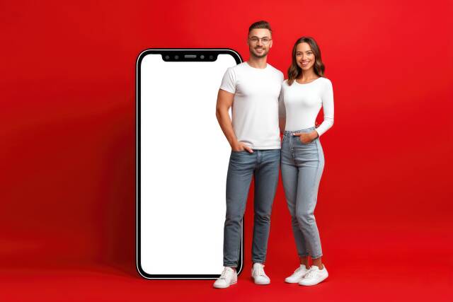 Junges Paar posiert vor Smartphone mit rotem Hintergrund
