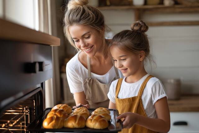 Mutter und Tochter nehmen Brötchen aus dem Ofen