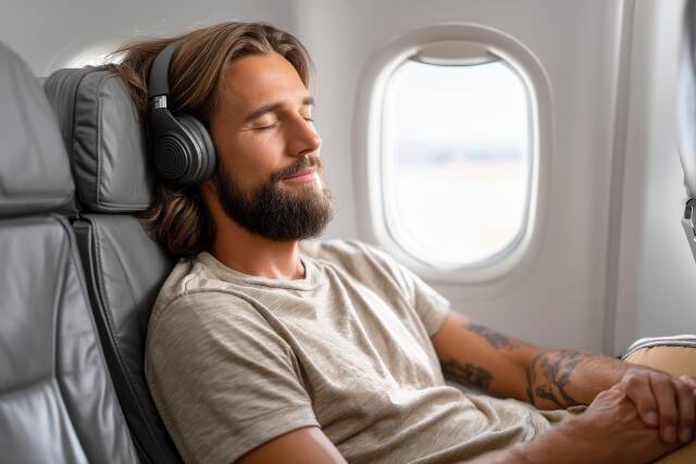 Entspannter Reisender im Flugzeug