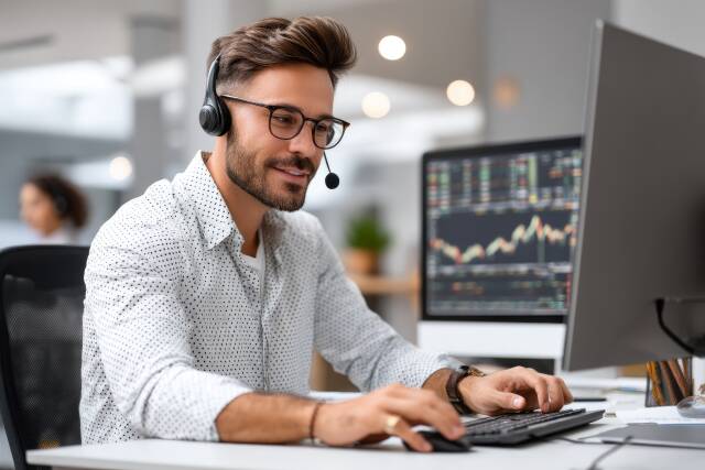 Büroangestellter arbeitet mit Headset am Computer