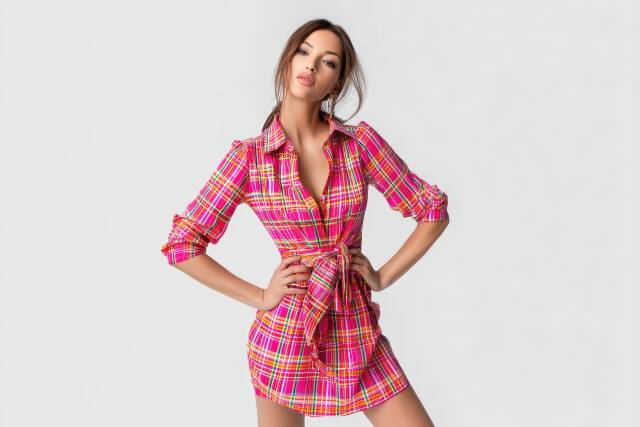 Model in einem bunten Karo-Kleid