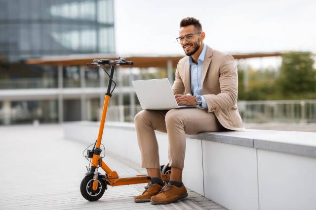 Geschäftsmann mit E-Scooter arbeitet draußen