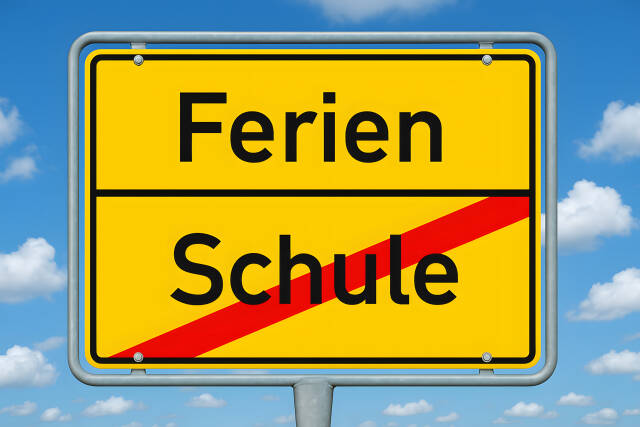 Ortsschild: Ferien beginnt & Schule vorbei