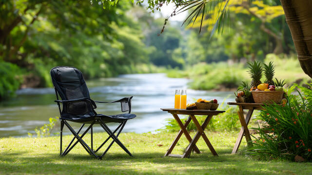 Campingstuhl am Fluss mit Orangensaft und Obst auf Tischen