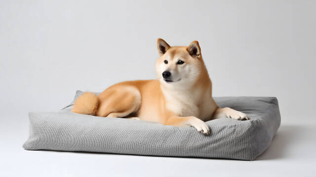 Shiba Inu liegt entspannt auf grauem Hundebett