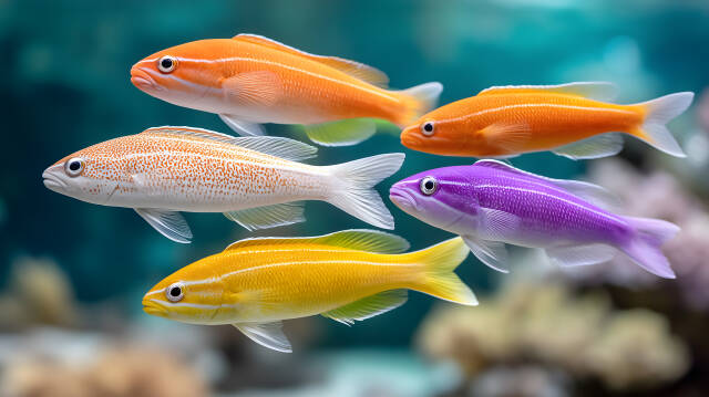 Bunte Fische im Aquarium mit türkisfarbenem Hintergrund
