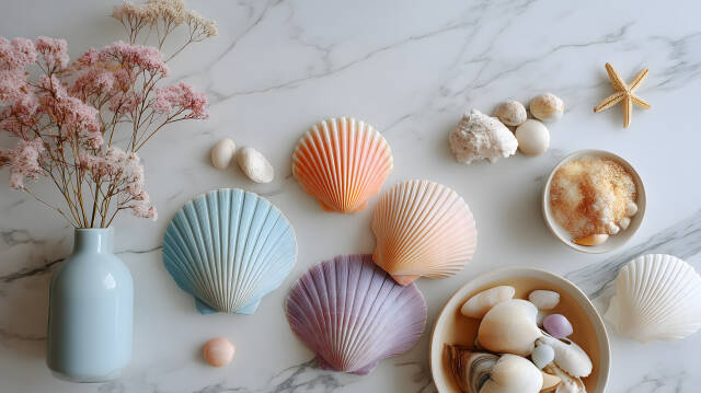 Bunte Muscheln und Dekosteine auf Marmorplatte