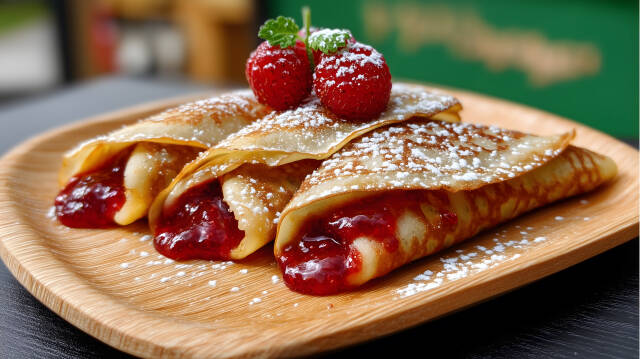 Crêpes mit Erdbeermarmelade und Puderzucker