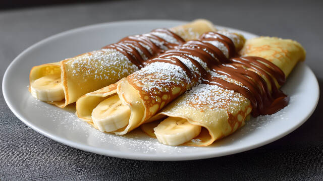 Crêpes mit Bananen und Schokocreme auf weißem Teller