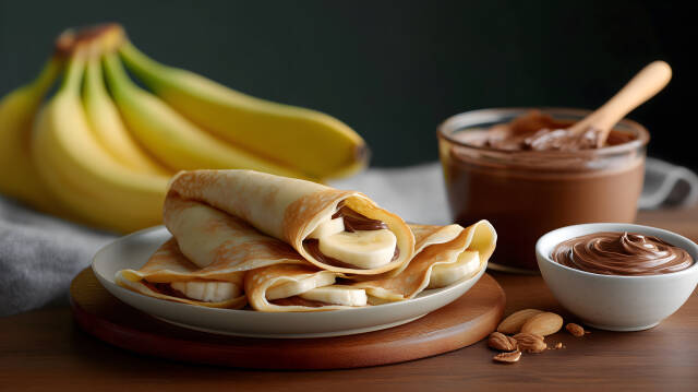 Crêpes mit Bananen und Schokosoße angerichtet mit Puderzucker