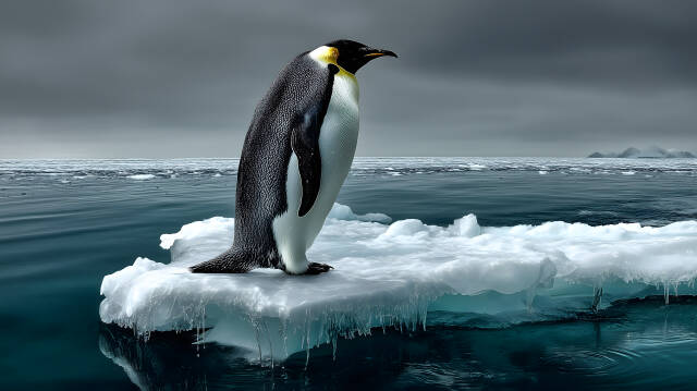 Kaiserpinguin steht allein auf Eisscholle im antarktischen Meer