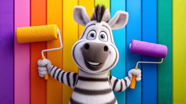 3D Cartoon Zebra mit Farbrollen vor Regenbogenwand