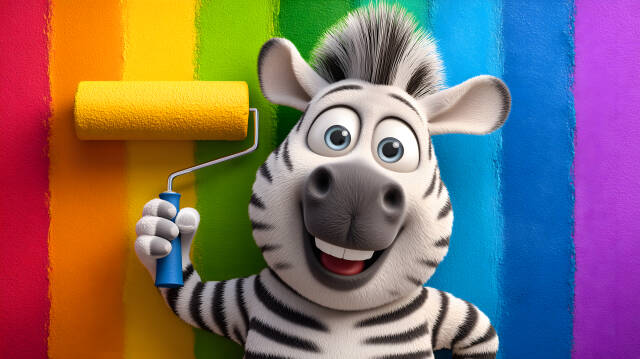 Maler gesucht: Zebra mit Farbrolle vor einer bunten Wand