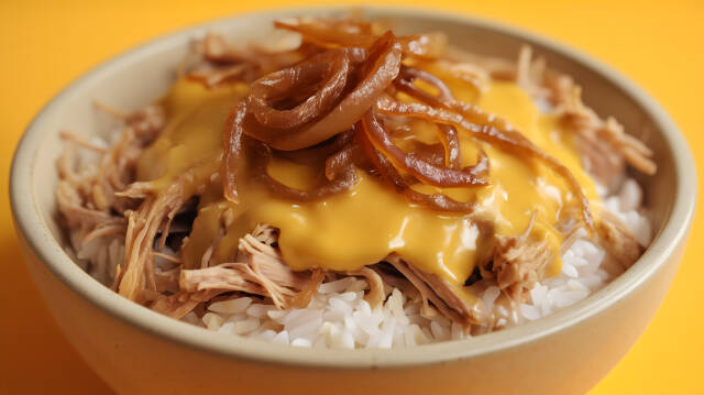Pulled Chicken mit Käsesauce und Zwiebeln auf Reis