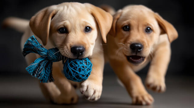 Labrador Retriever Welpen spielen mit Seilspielzeug auf dunklem Hintergrund