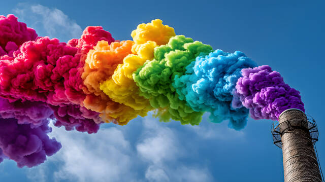 Fabrikschornstein mit bunter Regenbogen Rauchwolke am blauen Himmel