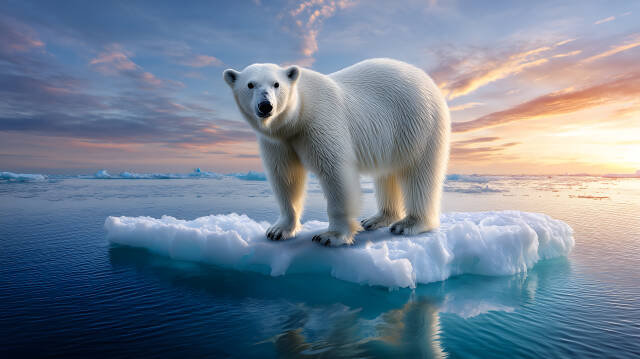 Eisbär auf schmelzender kleiner Eisscholle in der Arktis bei Sonnenuntergang