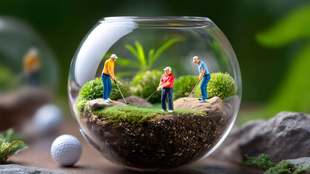 Miniatur Golfer spielen Golf in einem Glas Terrarium mit Pflanzen