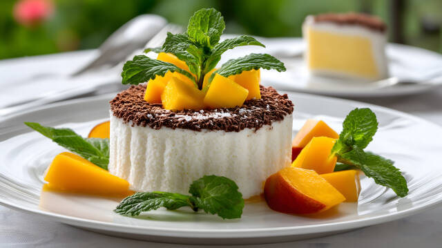 Dessertteller mit Sahnemousse, Mangostücken, Schokoladenraspeln und Minze