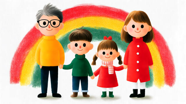 Handgezeichnete Familie mit Regenbogen im Hintergrund Kinderzeichnung Stil