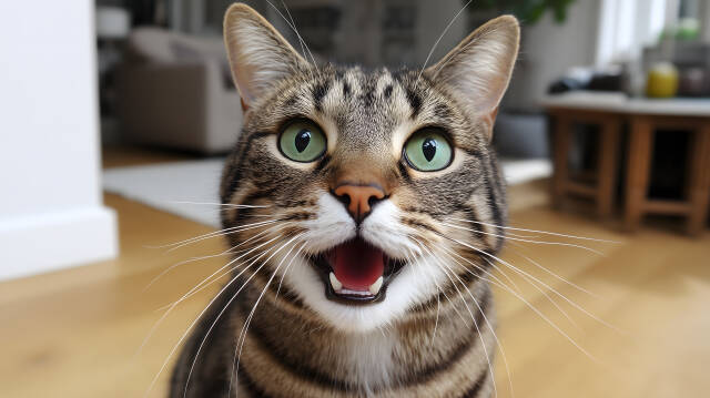 Getigerte Katze mit großen grünen Augen schaut direkt in die Kamera
