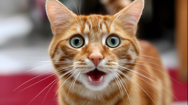 Rote Katze mit großen Augen auf Teppich in heller Wohnung