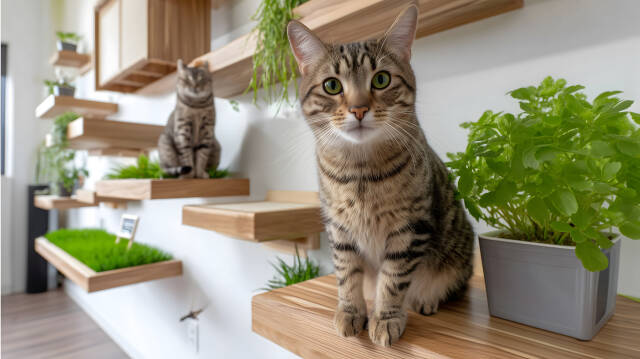 Katzenregal mit grünem Kräutergarten und zwei Katzen