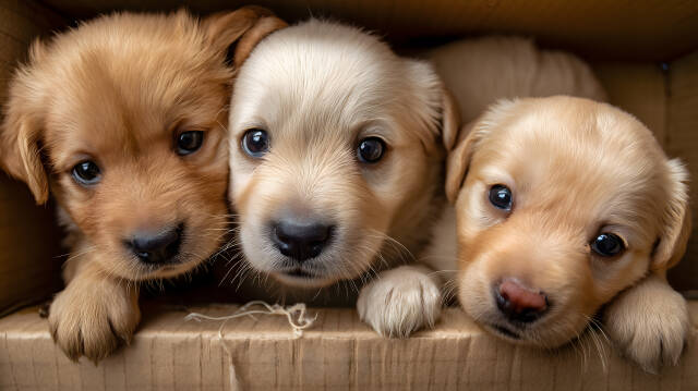Drei Hundewelpen in einer Pappschachtel dicht aneinander gekuschelt