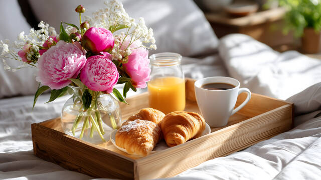 Frühstück im Bett mit Croissants Kaffee, Orangensaft und Blumenstrauß