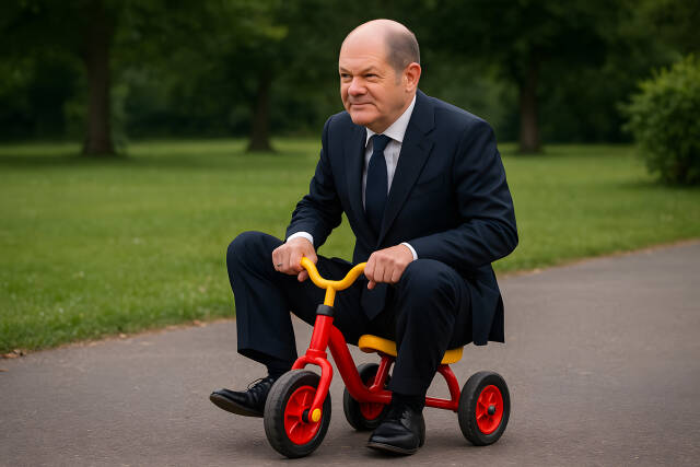 Olaf Scholz auf Dreirad im Anzug im Park