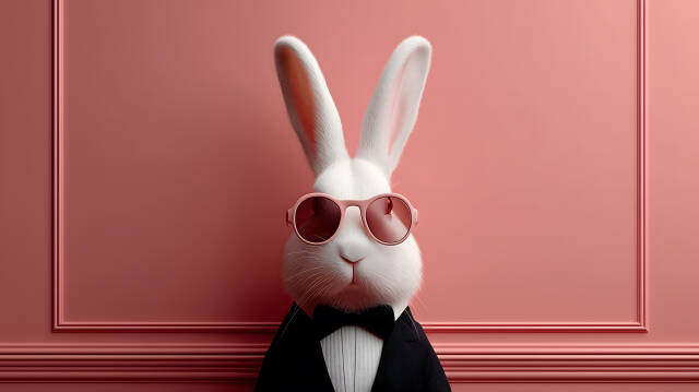Weißer Osterhase mit Sonnenbrille und Anzug vor rosa Wand
