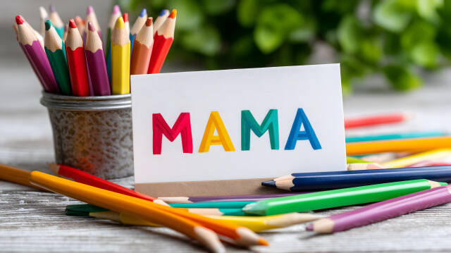 MAMA Karte mit Buntstiften zum Muttertag auf Holztisch