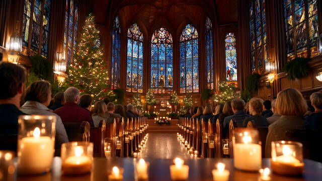 Weihnachtsgottesdienst mit Kerzen und festlich geschmückter Kirche