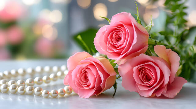 Drei rosa Rosen mit Perlenkette als romantisches Muttertagsmotiv