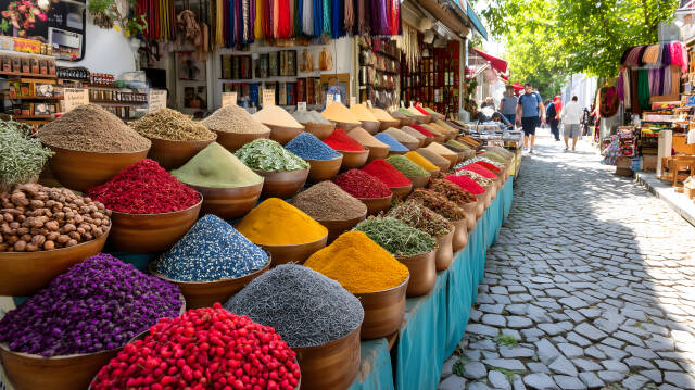 Bunter Gewürzmarkt in Istanbul mit vielen Sorten auf Tischen