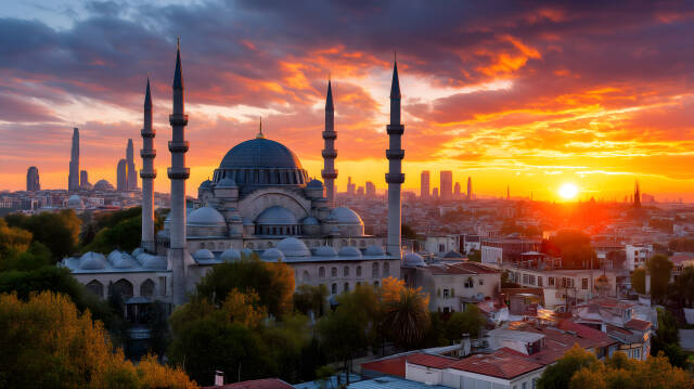 Skyline von Istanbul mit Moschee bei Sonnenuntergang