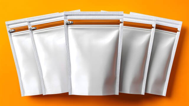 Weiße Verpackungsbeutel mit Reißverschluss auf orangefarbenem Hintergrund