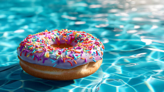 Bunter Donut mit Zuckerglasur und Streuseln schwimmt im Pool